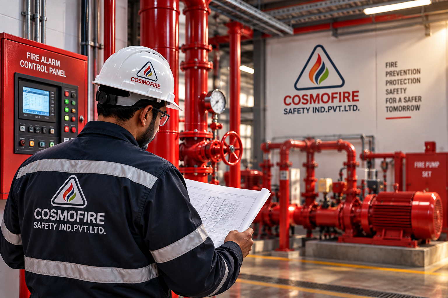 Cosmo Fire Safety engineer inspecting fire protection systems including fire alarm control panel, fire pump and sprinkler piping in Navi Mumbai, Maharashtra
